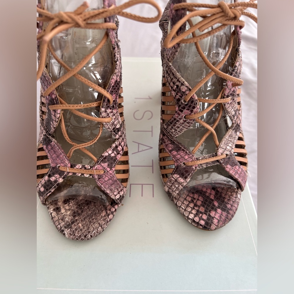 1. State Pink Snakeskin print Lace-Up Heeled Sandals with Tan Straps